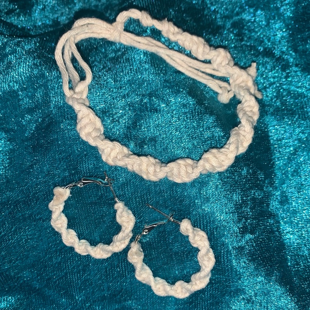 Macrame Earrings & Bracelet Set Cream/Off-White